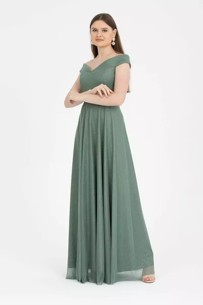 Women's Boat Collar Straptes Long Flared Glitter Evening Dress Invitation /  Dark Çağla