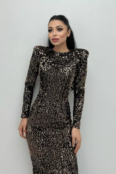 Вечерна рокля с кадифено пайети Maxi Length - GOLD