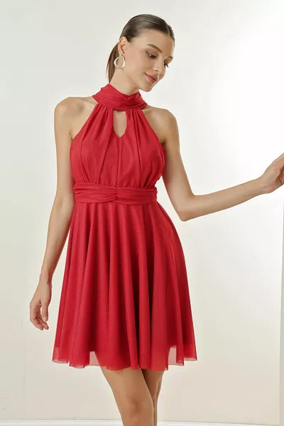 Silvery Lined Tulle Dress with Neck Tie