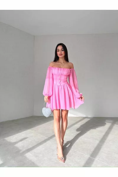Mini Chiffon Dress with Button Detail