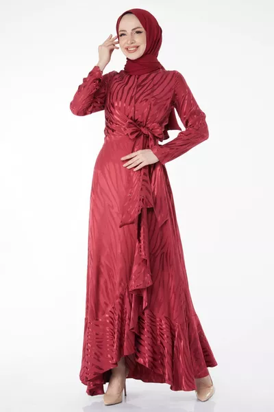 Abito da sera da donna girocollo dritto con foglie bordeaux - 