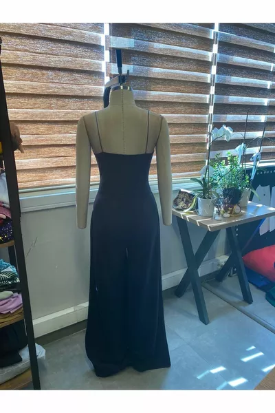 Q أسود بسط كريب النسيج حزام مزدوج الصدر طوق طويل مساء اللباس بذلة  