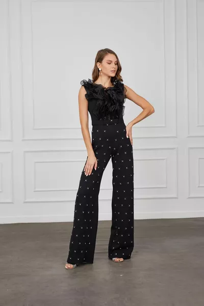 ЧЕРНЫЙ вечернее платье из органзы с детализированными камнями комбинезон 