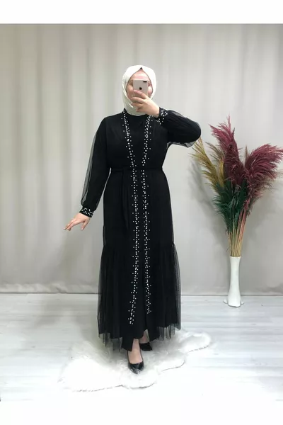 Женское платье абайя из жемчужного тюля в хиджабе