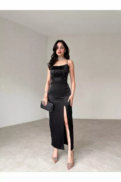 SATIN DRESS WITH STRAPS WITH SLIT DETAIL