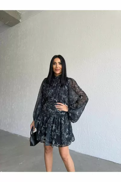 Opstaande halslijn gedrapeerde achterkant Gedetailleerde bloemenpatroon Zwarte Mini Chiffon Jurk