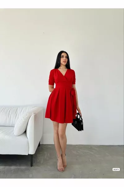 المرأة الأحمر مزدوج الصدر طوق قصيرة الأكمام حزام الخصر خط حزام قصيرة مساء اللباس