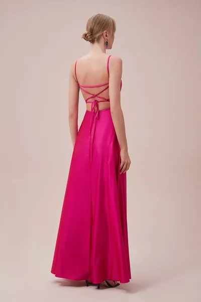 Neon Pink dünnes langes Kleid mit gekreuztem Rücken und tiefem Ausschnitt