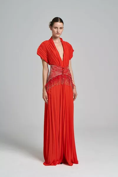 Handbesticktes Gürtel mit detailliertem plissiertem neuem Mahi-Maxi-Abendkleid für Damen