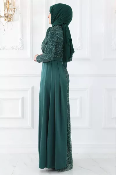 Damen Smaragd Kristall Konisch Stein bedruckt Drape Detail Ecmel Hijab Abendkleid