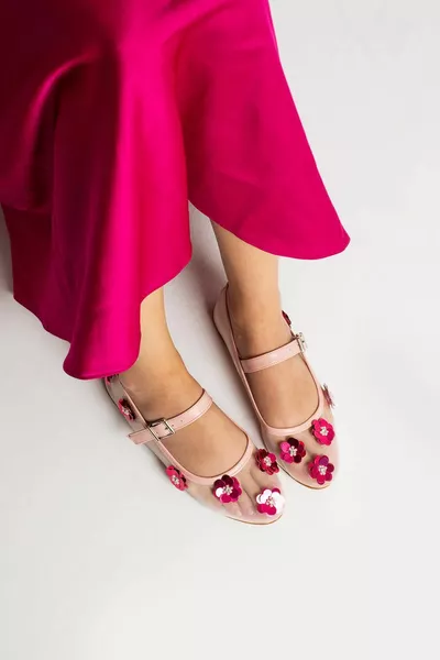 لونا الترتر بتفاصيل الأزهار الوردي باليه مسطح