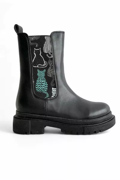 Кошачий принт - Черные кошки только с рисунком Удобная посадка Нескользящая подошва Теплая подкладка Эластичные женские сапоги