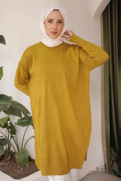 Dark Olive Green Bicycle Neck Mercerized Loose Knit Tunic