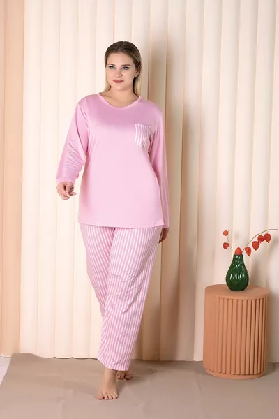 Pink Striped Long-Sleeve Plus-Size Pajama Set B-1