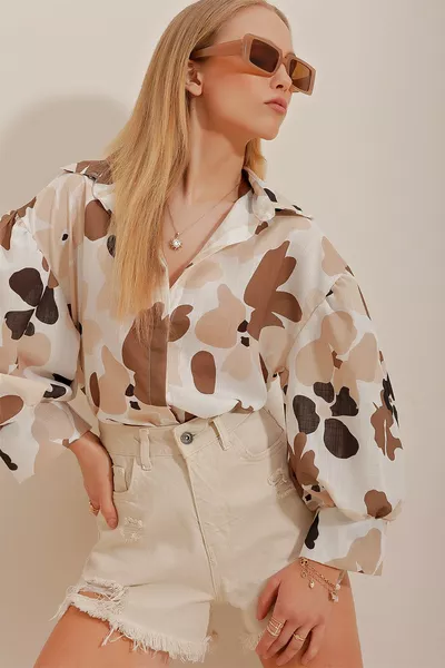 Dames Beige Prinses Etnisch Patroon Geplooide Linnen Geweven Blouse 