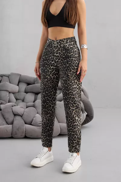 Pantaloni Mom a Vita Alta Donna con Stampa Leopardo Elasticizzati/Lycra