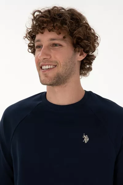 هوديي أساسي للجنس الذكوري بقصة عادية وياقة دائرية باللون الأزرق الداكن 