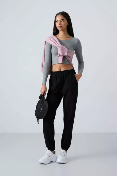 Pantalon de survêtement femme taille haute noir avec poches, coupe confortable et bas élastique - 