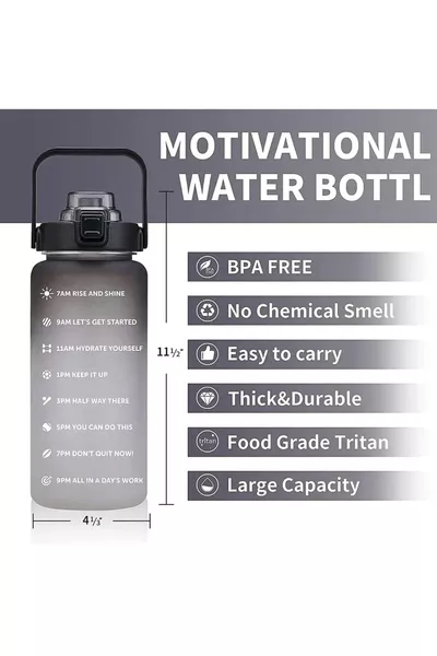 Gourde d'eau noire premium motivante 2l Tritan pour salle de sport, bouteille d'eau sans BPA