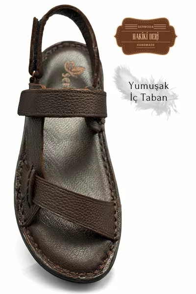 صندل رجالي من الجلد الطبيعي بمشبك – مريح للاستخدام في المدينة والإجازات، موديل بني K Şır Kahve