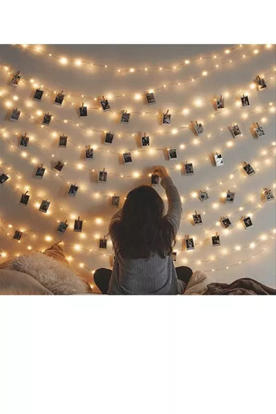 Гирлянда светодиодная LED 5 метров, желтая, на батарейках,  маленьких прищепок для крепления, новогодняя LED