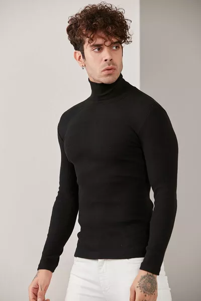 Herren Schwarzer Rollkragenpullover aus Lycra-Strick