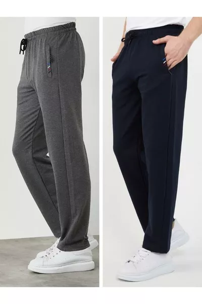 بنطلون رياضي رجالي بدرجين كحلي وفحمي، بسحاب وجيوب وتطريز، تصميم مستقيم وقصّة مريحة