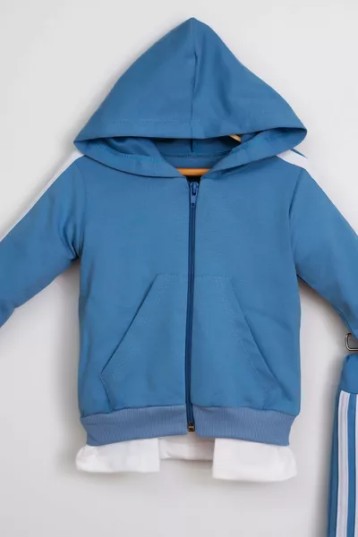 طقم رياضي للأطفال من قطعتين بسحاب وجيوب على شكل كنغر وخطوط جانبية