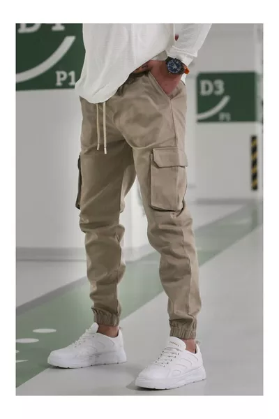 Pantalon cargo pour homme, jogger de qualité, beige en coton, taille et bas élastiqués, avec poches cargo en gabardine