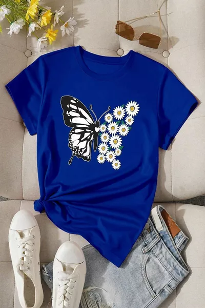 Baumwoll-T-Shirt mit Gänseblümchen-Schmetterling-Design