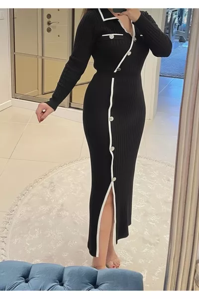 Ribbed Polo Neck Dress with Slit Detail in Trendy Black