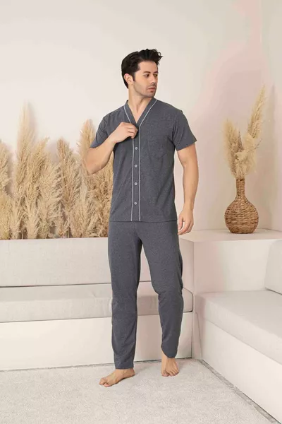 طقم بيجامة صيفي رجالي قميص بأزرار من الأمام بأكمام قصيرة وسروال طويل من قماش جيري محبوك