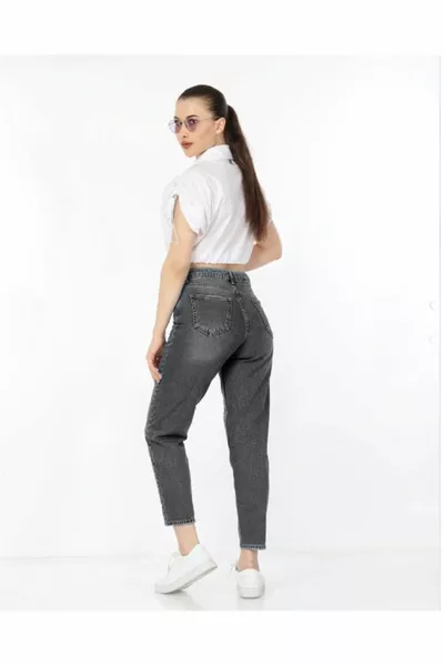 Mom Fit Jeans Hoge Taille Boyfriend Cut Rekbare Antraciet Vrouwen Jeans 