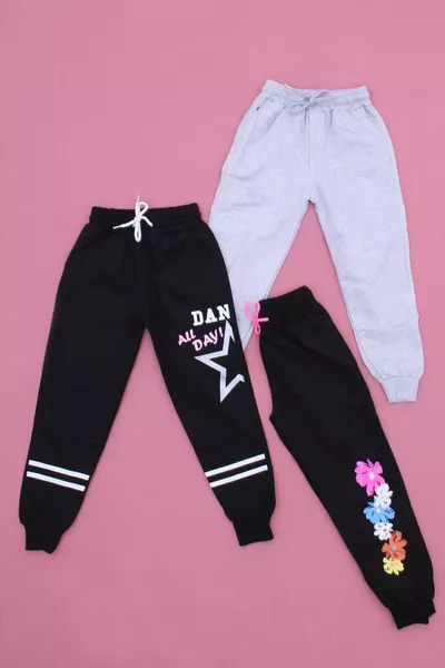Girls' High-Waist Sweatpants with Triple Mixed Pattern