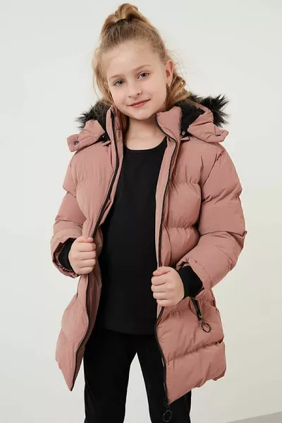 Meisjes winterjas met smalle pasvorm, afneembare capuchon, gevoerd met pluche en kraag van imitatiebont, maat 5