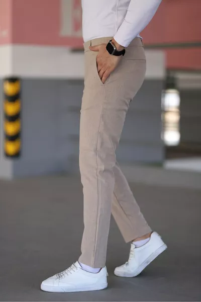 بنطال رجالي بطول الكاحل، قماش مطاطي عالي الجودة ومرن بلون عظمي