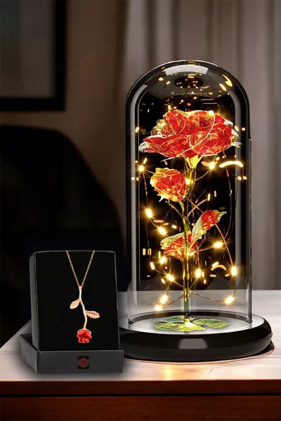 وردة الخلود الحمراء التي لا تذبل مع إضاءة LED على شكل جنية داخل قبة زجاجية ومصباح وعقد من الذهب
