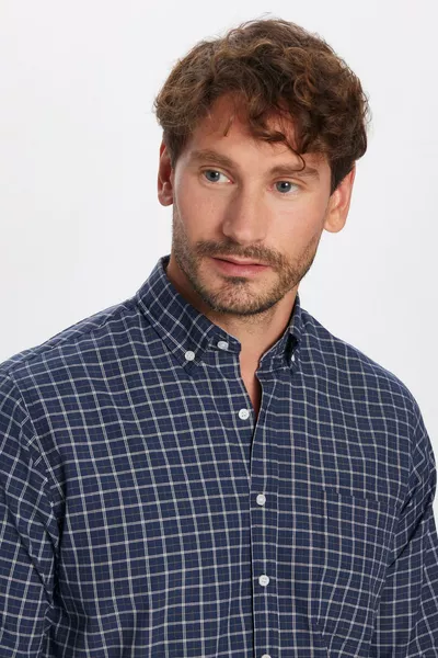 Men's Regular Fit Classic Cut Button-Down Collar Small Check Cotton Navy-White Shirt