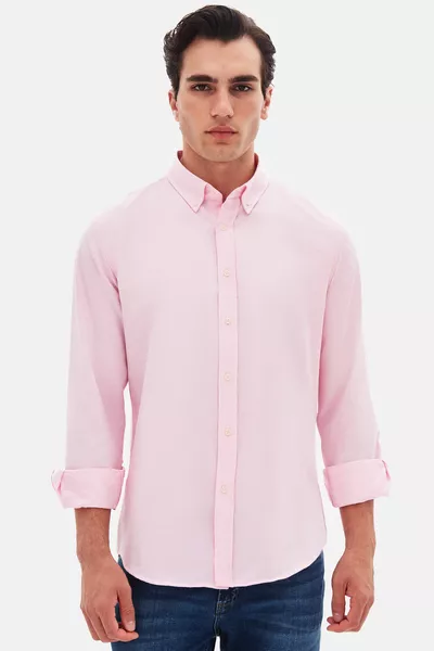 قميص قطني وردي بطية أزرار وياقة على شكل عامودي من Ds Damat نحيف القَصّة