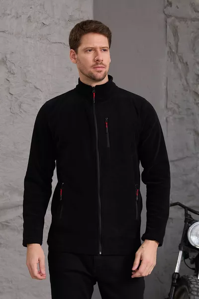 بـلوزة شتوية بسحّاب كامل وثلاث جيوب باللون الأسود