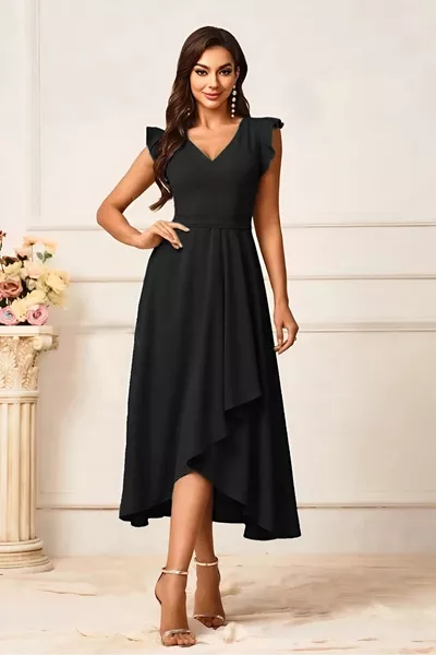 فستان كريب متوسط الطول بقصة V وياقة متدلية