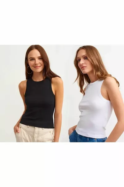 Women's 2-Pack Ribbed Halter Neck Knit Tank Top T-Shirt