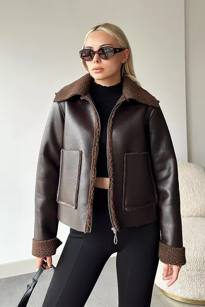 Women's Bitter Coffee Double Pocket Faux Fur Lined Faux Leather Biker Jacket 