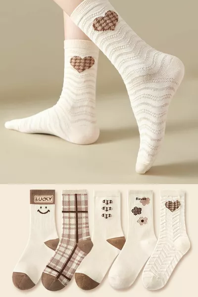 جوارب نسائية بنقشة الحظ باللون البيج، مجموعة مكونة من 5 قطع