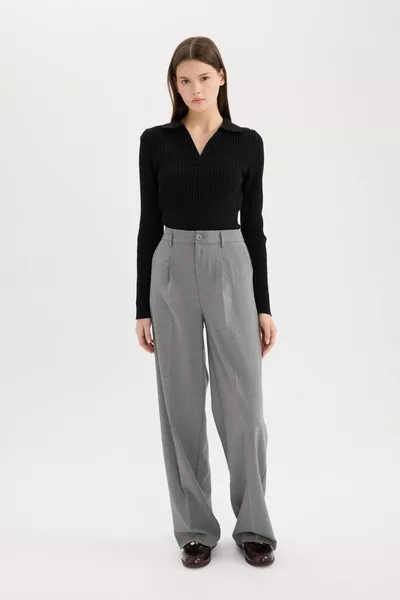 Pantalon en tissu classique à jambes larges, coupe ample, poches doubles, taille haute, longueur standard, basique uni 