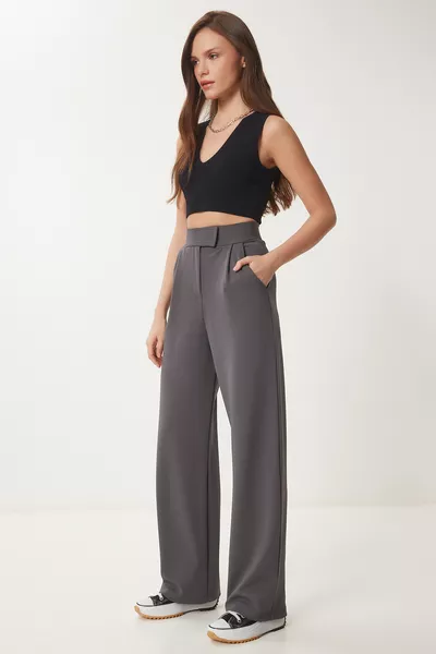 Beli Cırtlı Rahat Palazzo Pantolon ANTRASİT 