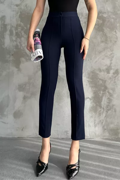 Kadın Lacivert Yüksek Bel Toparlayıcı Dar Paça Çimalı Kumaş Pantolon