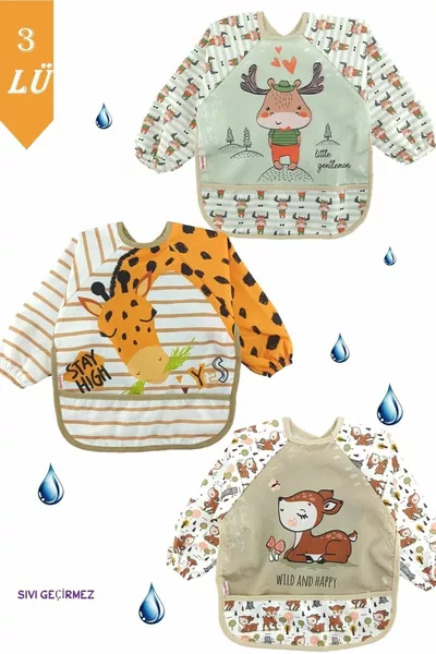 3 Bavaglini Impermeabili per Bambini con Motivo Cervo, Gazzella e Giraffa, da 0 a 3 Anni