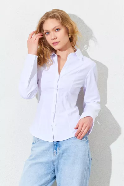 قميص قطني إسباني بأكمام وخصر مطاطي - أبيض | 