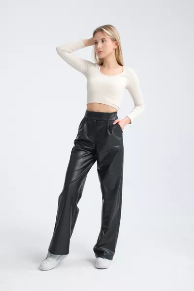 Kadın Deri Yüksek Bel Cırt Cırtlı Cepli Siyah Palazzo Pantolon